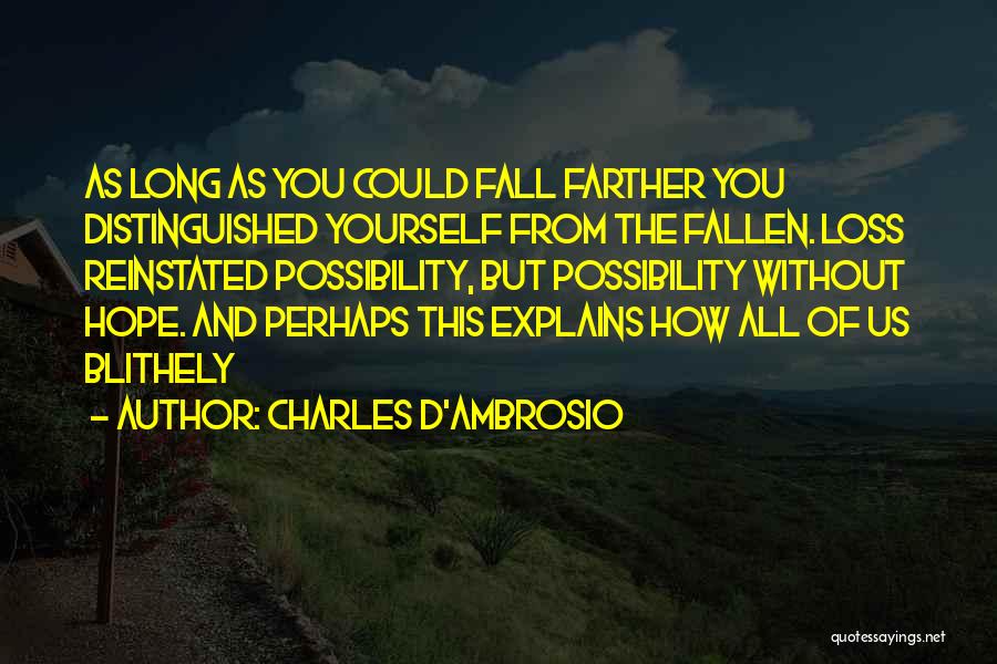 Charles D'Ambrosio Quotes: As Long As You Could Fall Farther You Distinguished Yourself From The Fallen. Loss Reinstated Possibility, But Possibility Without Hope.