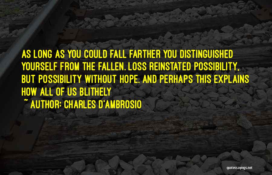 Charles D'Ambrosio Quotes: As Long As You Could Fall Farther You Distinguished Yourself From The Fallen. Loss Reinstated Possibility, But Possibility Without Hope.