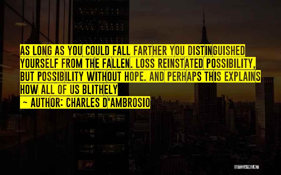 Charles D'Ambrosio Quotes: As Long As You Could Fall Farther You Distinguished Yourself From The Fallen. Loss Reinstated Possibility, But Possibility Without Hope.