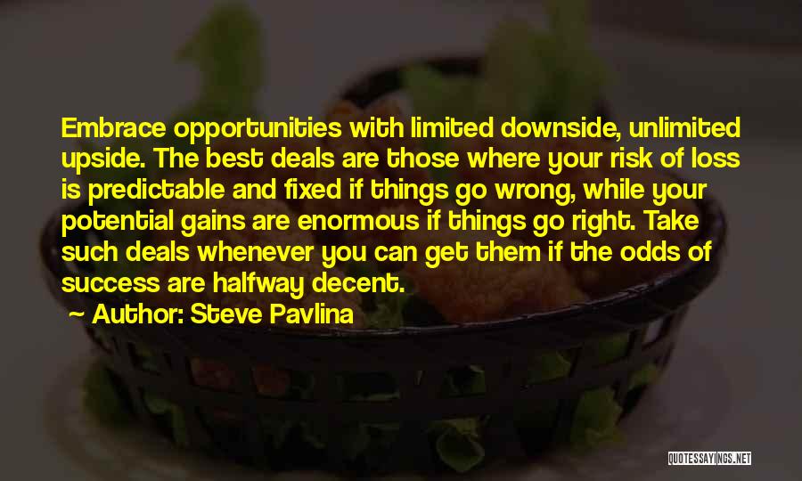 Steve Pavlina Quotes: Embrace Opportunities With Limited Downside, Unlimited Upside. The Best Deals Are Those Where Your Risk Of Loss Is Predictable And