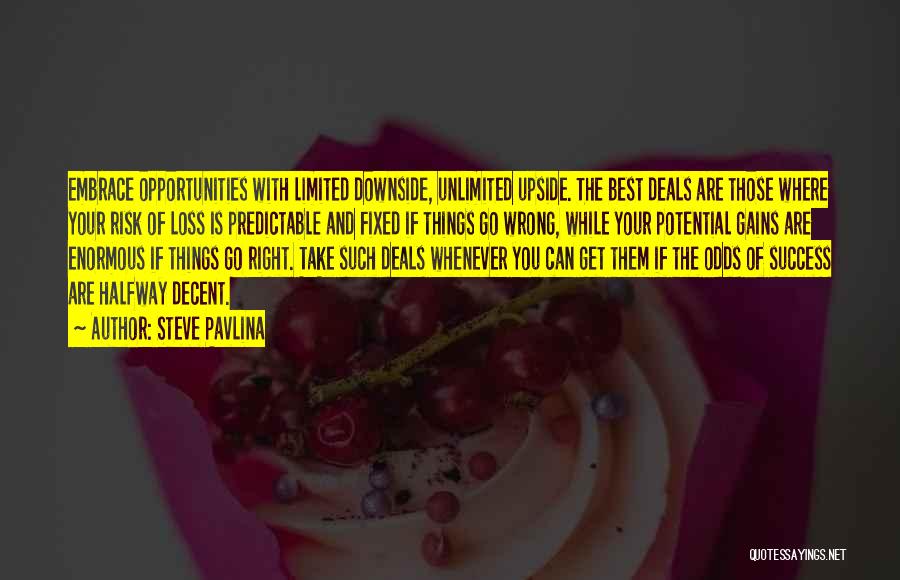 Steve Pavlina Quotes: Embrace Opportunities With Limited Downside, Unlimited Upside. The Best Deals Are Those Where Your Risk Of Loss Is Predictable And