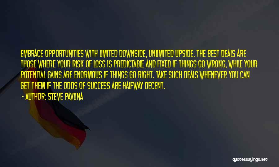 Steve Pavlina Quotes: Embrace Opportunities With Limited Downside, Unlimited Upside. The Best Deals Are Those Where Your Risk Of Loss Is Predictable And