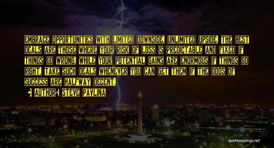 Steve Pavlina Quotes: Embrace Opportunities With Limited Downside, Unlimited Upside. The Best Deals Are Those Where Your Risk Of Loss Is Predictable And