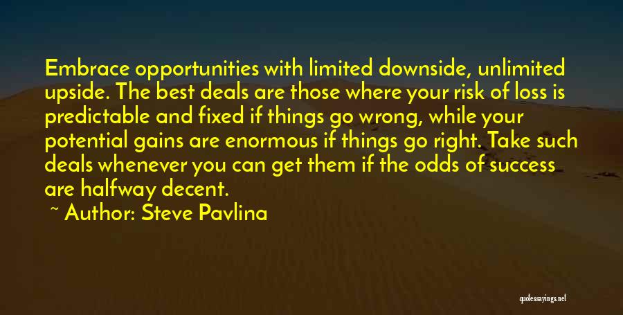 Steve Pavlina Quotes: Embrace Opportunities With Limited Downside, Unlimited Upside. The Best Deals Are Those Where Your Risk Of Loss Is Predictable And