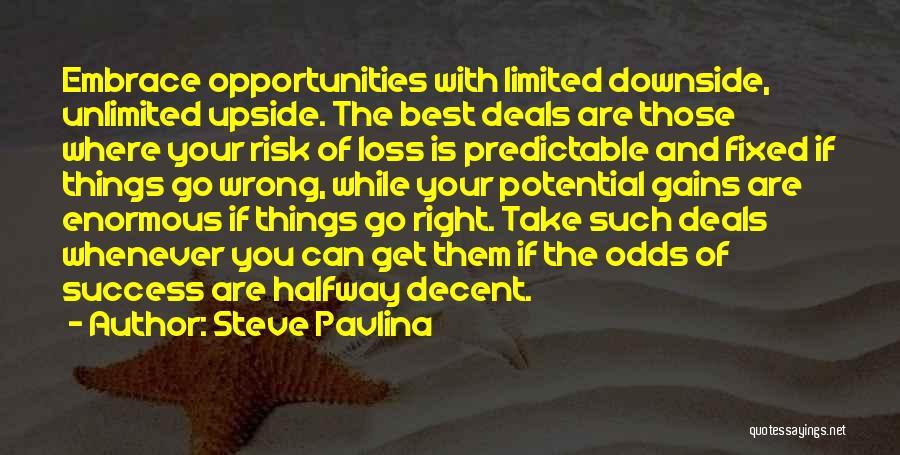 Steve Pavlina Quotes: Embrace Opportunities With Limited Downside, Unlimited Upside. The Best Deals Are Those Where Your Risk Of Loss Is Predictable And
