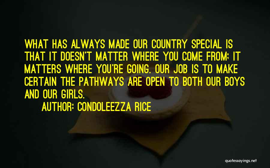 Condoleezza Rice Quotes: What Has Always Made Our Country Special Is That It Doesn't Matter Where You Come From; It Matters Where You're