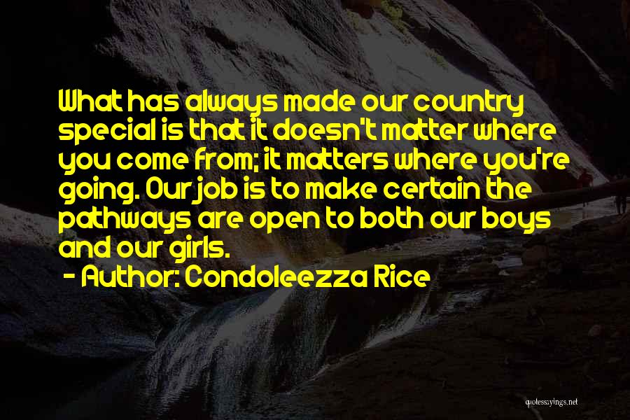 Condoleezza Rice Quotes: What Has Always Made Our Country Special Is That It Doesn't Matter Where You Come From; It Matters Where You're