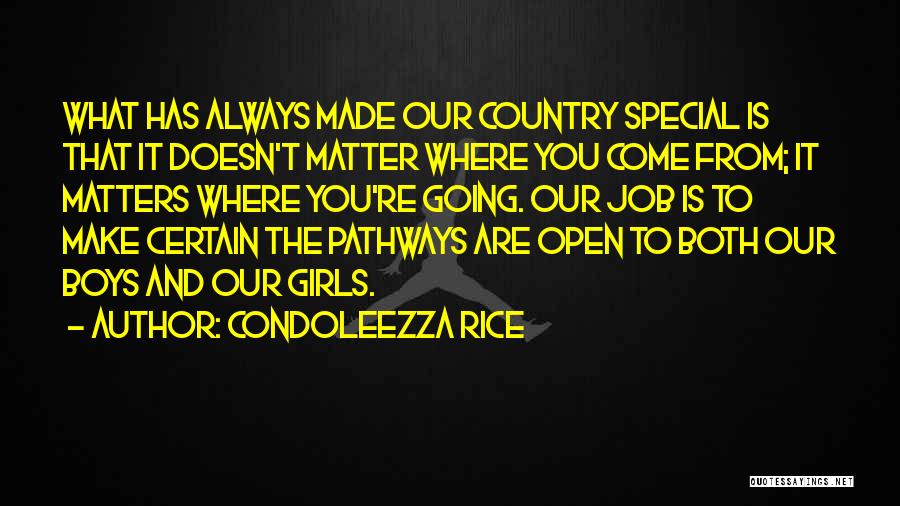 Condoleezza Rice Quotes: What Has Always Made Our Country Special Is That It Doesn't Matter Where You Come From; It Matters Where You're