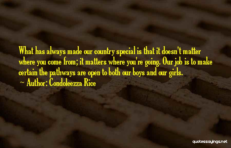 Condoleezza Rice Quotes: What Has Always Made Our Country Special Is That It Doesn't Matter Where You Come From; It Matters Where You're