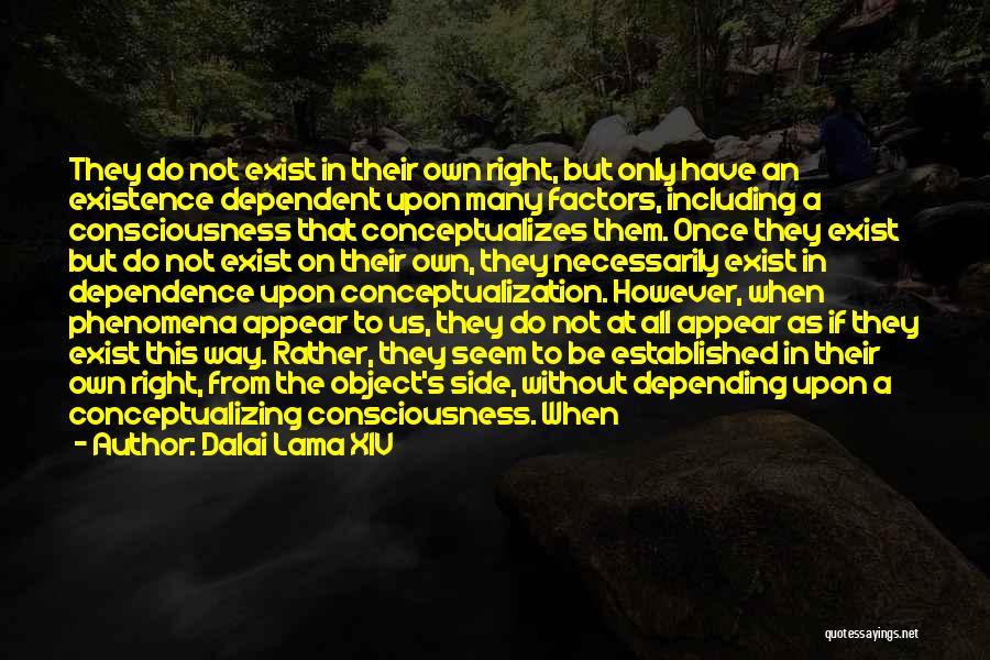 Dalai Lama XIV Quotes: They Do Not Exist In Their Own Right, But Only Have An Existence Dependent Upon Many Factors, Including A Consciousness