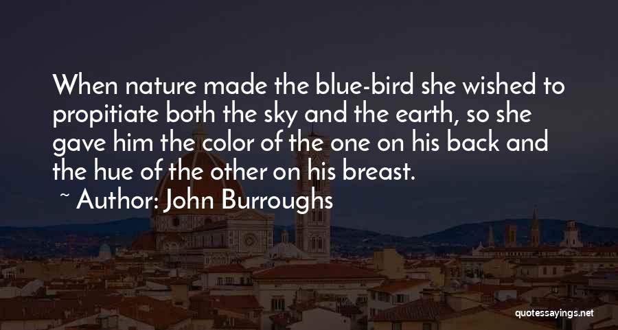 John Burroughs Quotes: When Nature Made The Blue-bird She Wished To Propitiate Both The Sky And The Earth, So She Gave Him The