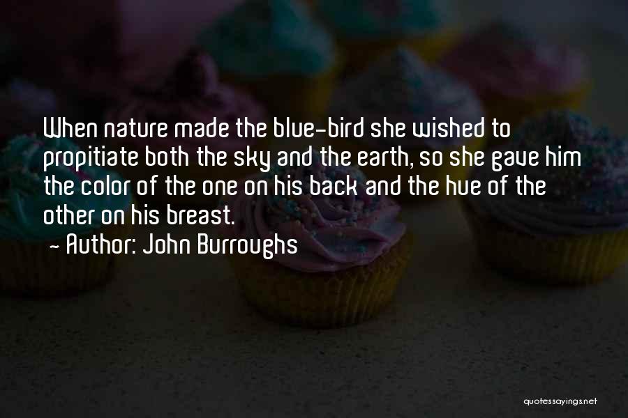 John Burroughs Quotes: When Nature Made The Blue-bird She Wished To Propitiate Both The Sky And The Earth, So She Gave Him The