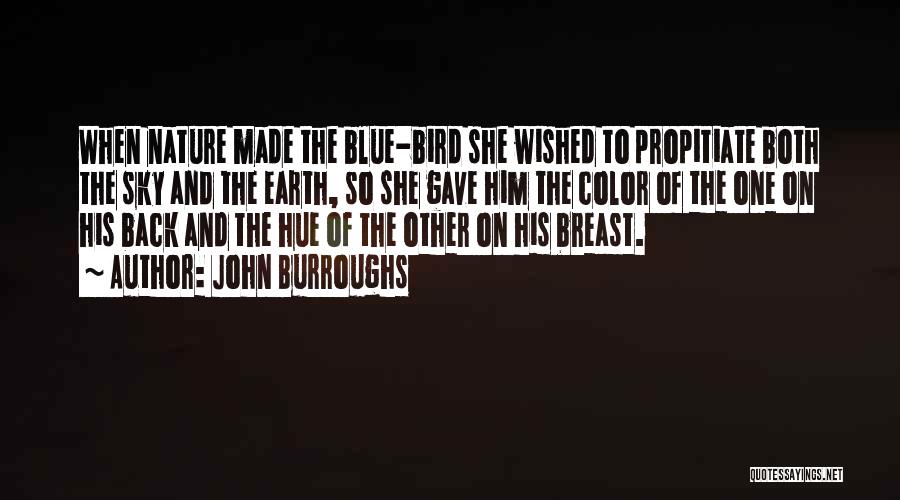 John Burroughs Quotes: When Nature Made The Blue-bird She Wished To Propitiate Both The Sky And The Earth, So She Gave Him The