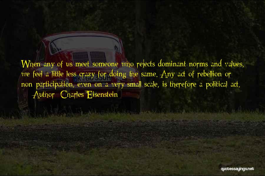 Charles Eisenstein Quotes: When Any Of Us Meet Someone Who Rejects Dominant Norms And Values, We Feel A Little Less Crazy For Doing