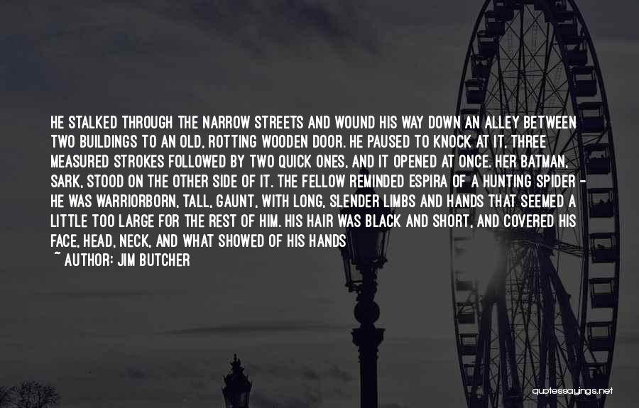 Jim Butcher Quotes: He Stalked Through The Narrow Streets And Wound His Way Down An Alley Between Two Buildings To An Old, Rotting