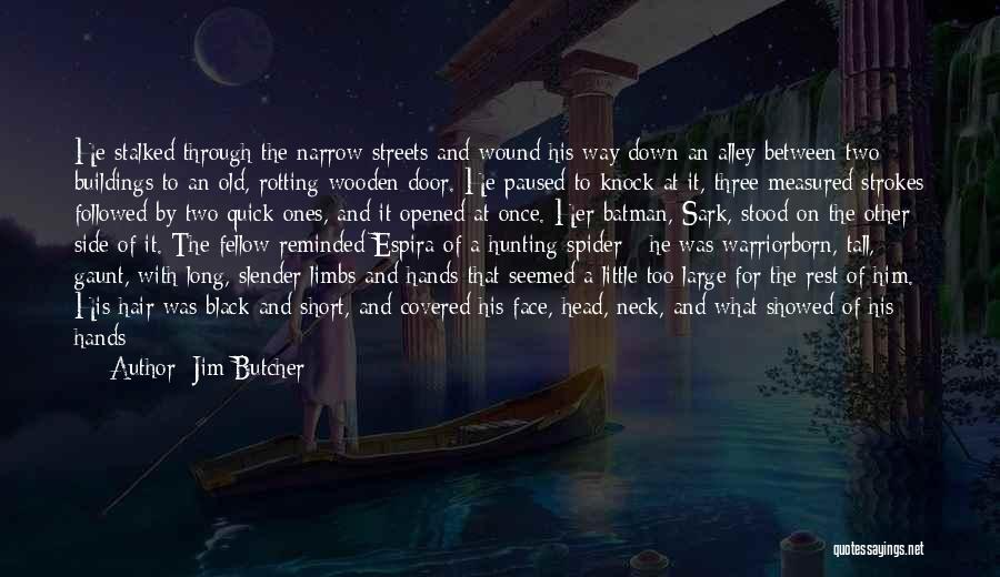 Jim Butcher Quotes: He Stalked Through The Narrow Streets And Wound His Way Down An Alley Between Two Buildings To An Old, Rotting