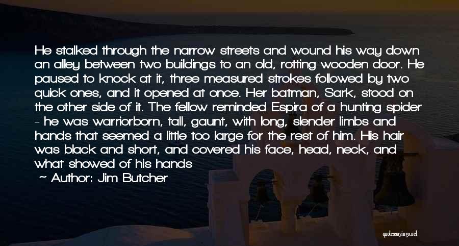 Jim Butcher Quotes: He Stalked Through The Narrow Streets And Wound His Way Down An Alley Between Two Buildings To An Old, Rotting