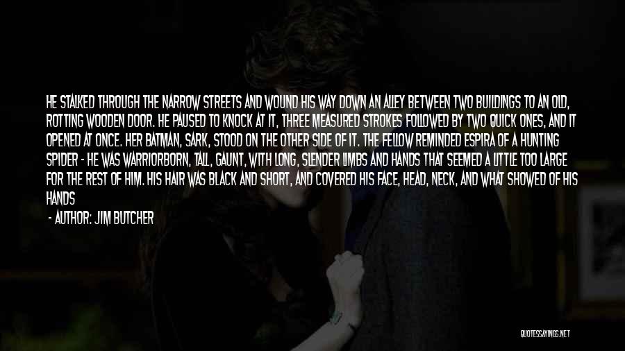 Jim Butcher Quotes: He Stalked Through The Narrow Streets And Wound His Way Down An Alley Between Two Buildings To An Old, Rotting
