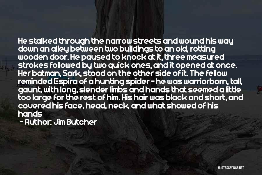 Jim Butcher Quotes: He Stalked Through The Narrow Streets And Wound His Way Down An Alley Between Two Buildings To An Old, Rotting