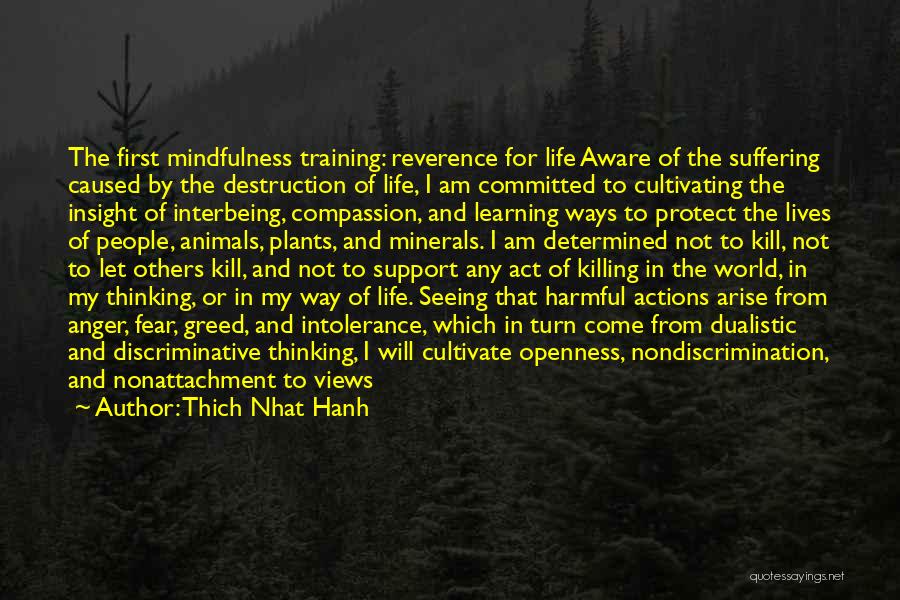 Thich Nhat Hanh Quotes: The First Mindfulness Training: Reverence For Life Aware Of The Suffering Caused By The Destruction Of Life, I Am Committed
