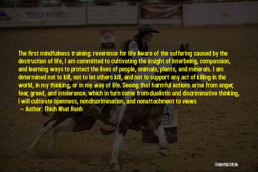 Thich Nhat Hanh Quotes: The First Mindfulness Training: Reverence For Life Aware Of The Suffering Caused By The Destruction Of Life, I Am Committed