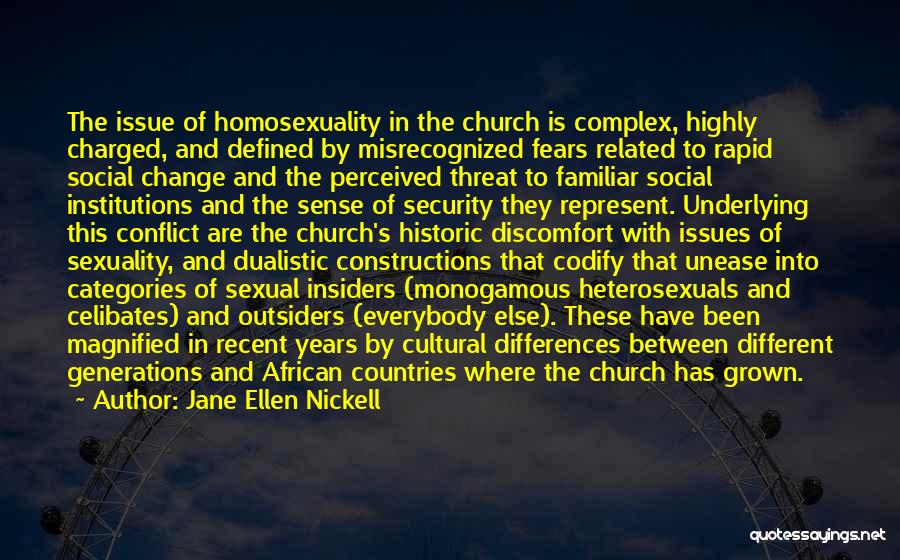 Jane Ellen Nickell Quotes: The Issue Of Homosexuality In The Church Is Complex, Highly Charged, And Defined By Misrecognized Fears Related To Rapid Social