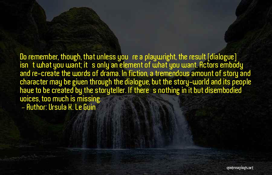 Ursula K. Le Guin Quotes: Do Remember, Though, That Unless You're A Playwright, The Result [dialogue] Isn't What You Want; It's Only An Element Of