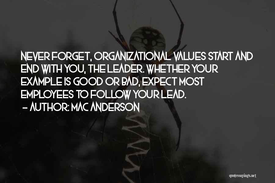 Mac Anderson Quotes: Never Forget, Organizational Values Start And End With You, The Leader. Whether Your Example Is Good Or Bad, Expect Most