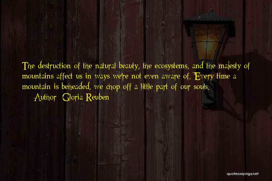 Gloria Reuben Quotes: The Destruction Of The Natural Beauty, The Ecosystems, And The Majesty Of Mountains Affect Us In Ways We're Not Even