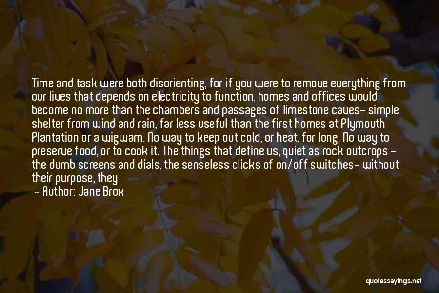 Jane Brox Quotes: Time And Task Were Both Disorienting, For If You Were To Remove Everything From Our Lives That Depends On Electricity