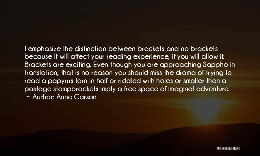 Anne Carson Quotes: I Emphasize The Distinction Between Brackets And No Brackets Because It Will Affect Your Reading Experience, If You Will Allow