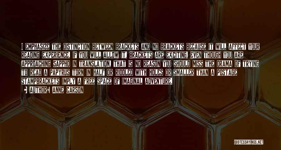 Anne Carson Quotes: I Emphasize The Distinction Between Brackets And No Brackets Because It Will Affect Your Reading Experience, If You Will Allow