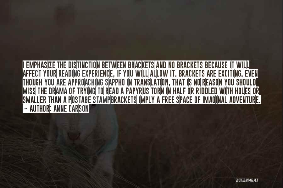 Anne Carson Quotes: I Emphasize The Distinction Between Brackets And No Brackets Because It Will Affect Your Reading Experience, If You Will Allow