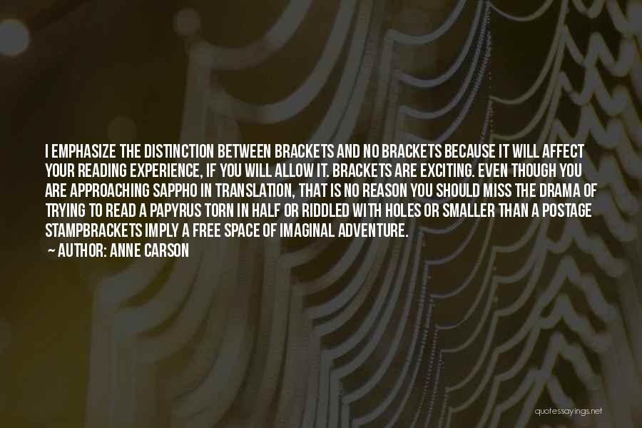 Anne Carson Quotes: I Emphasize The Distinction Between Brackets And No Brackets Because It Will Affect Your Reading Experience, If You Will Allow