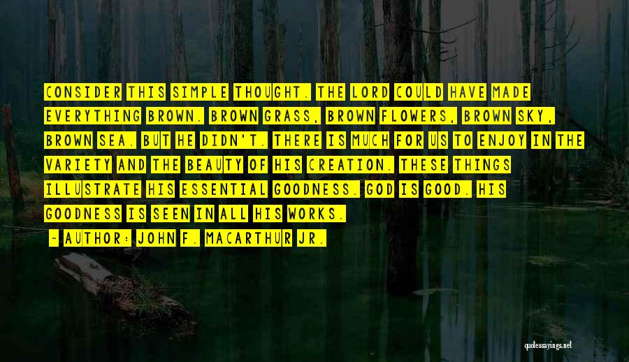 John F. MacArthur Jr. Quotes: Consider This Simple Thought. The Lord Could Have Made Everything Brown. Brown Grass, Brown Flowers, Brown Sky, Brown Sea. But