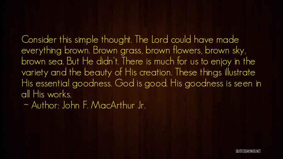 John F. MacArthur Jr. Quotes: Consider This Simple Thought. The Lord Could Have Made Everything Brown. Brown Grass, Brown Flowers, Brown Sky, Brown Sea. But