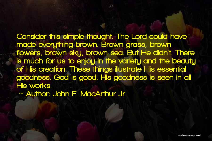 John F. MacArthur Jr. Quotes: Consider This Simple Thought. The Lord Could Have Made Everything Brown. Brown Grass, Brown Flowers, Brown Sky, Brown Sea. But