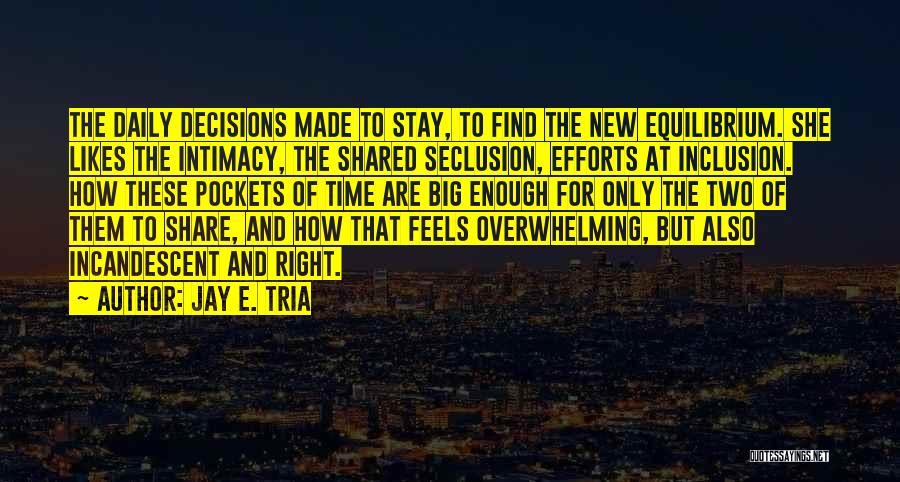 Jay E. Tria Quotes: The Daily Decisions Made To Stay, To Find The New Equilibrium. She Likes The Intimacy, The Shared Seclusion, Efforts At