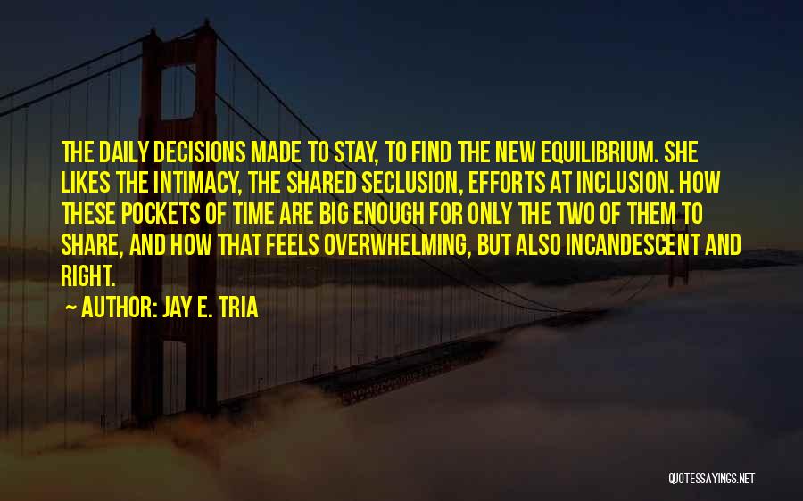 Jay E. Tria Quotes: The Daily Decisions Made To Stay, To Find The New Equilibrium. She Likes The Intimacy, The Shared Seclusion, Efforts At