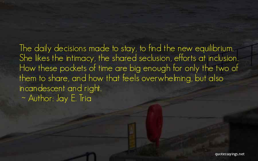 Jay E. Tria Quotes: The Daily Decisions Made To Stay, To Find The New Equilibrium. She Likes The Intimacy, The Shared Seclusion, Efforts At