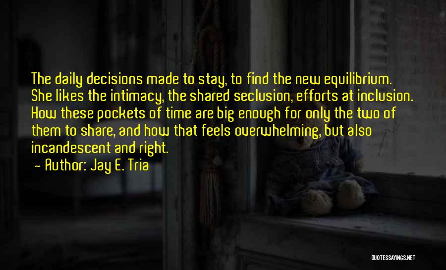 Jay E. Tria Quotes: The Daily Decisions Made To Stay, To Find The New Equilibrium. She Likes The Intimacy, The Shared Seclusion, Efforts At