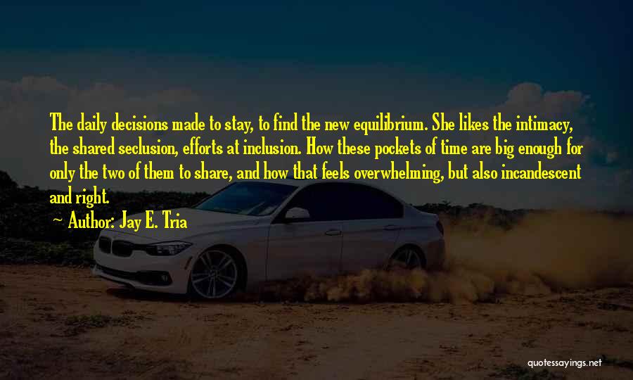 Jay E. Tria Quotes: The Daily Decisions Made To Stay, To Find The New Equilibrium. She Likes The Intimacy, The Shared Seclusion, Efforts At