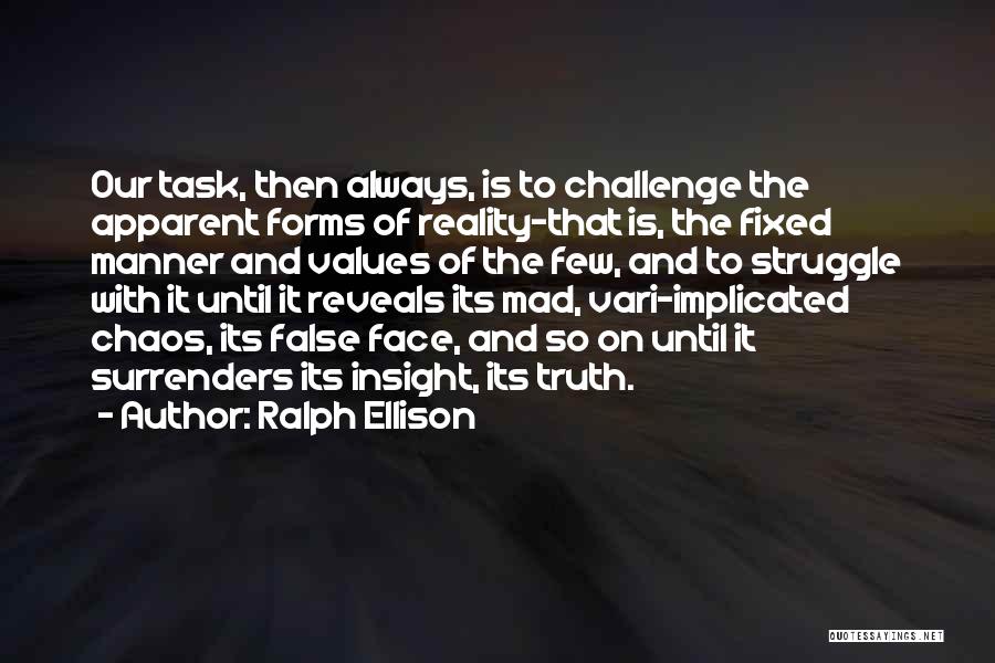 Ralph Ellison Quotes: Our Task, Then Always, Is To Challenge The Apparent Forms Of Reality-that Is, The Fixed Manner And Values Of The