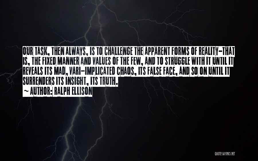 Ralph Ellison Quotes: Our Task, Then Always, Is To Challenge The Apparent Forms Of Reality-that Is, The Fixed Manner And Values Of The