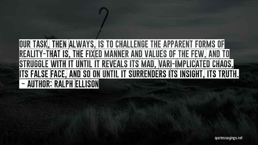 Ralph Ellison Quotes: Our Task, Then Always, Is To Challenge The Apparent Forms Of Reality-that Is, The Fixed Manner And Values Of The