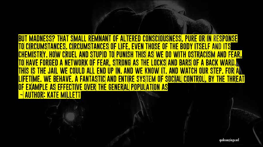 Kate Millett Quotes: But Madness? That Small Remnant Of Altered Consciousness, Pure Or In Response To Circumstances. Circumstances Of Life, Even Those Of