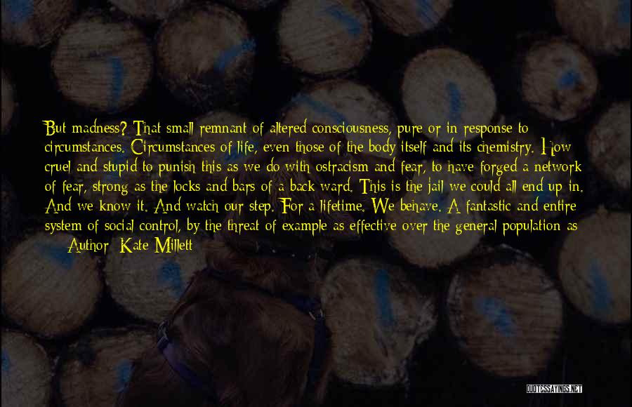 Kate Millett Quotes: But Madness? That Small Remnant Of Altered Consciousness, Pure Or In Response To Circumstances. Circumstances Of Life, Even Those Of