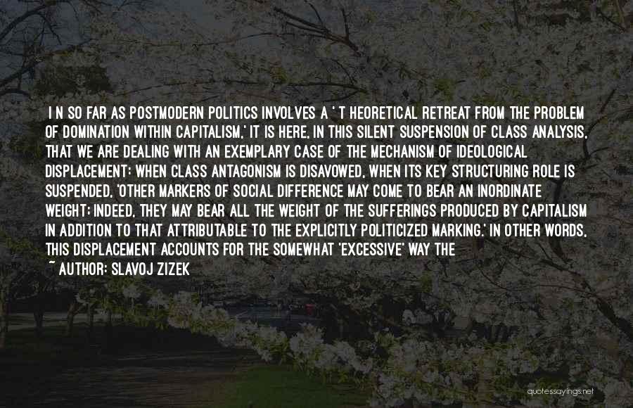 Slavoj Zizek Quotes: [i]n So Far As Postmodern Politics Involves A '[t]heoretical Retreat From The Problem Of Domination Within Capitalism,' It Is Here,