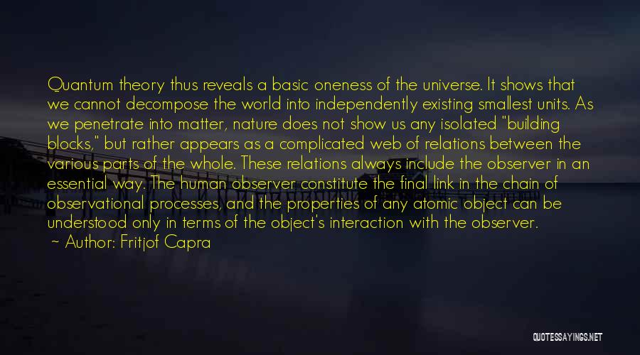 Fritjof Capra Quotes: Quantum Theory Thus Reveals A Basic Oneness Of The Universe. It Shows That We Cannot Decompose The World Into Independently