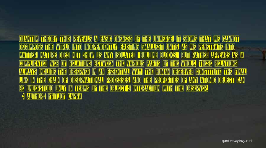 Fritjof Capra Quotes: Quantum Theory Thus Reveals A Basic Oneness Of The Universe. It Shows That We Cannot Decompose The World Into Independently